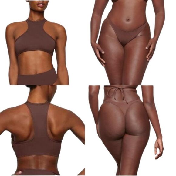 Skims Women's Cocoa Recycled Swim Racer Back Top & Panty Set Size Medium - Picture 1 of 8